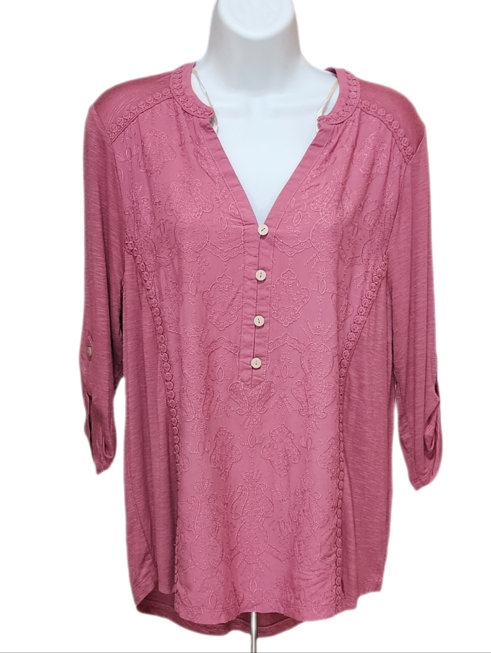 Democracy Embroidered Lace Blouse Top Split Neck Roll Tab 3/4 Sleeve Rose M